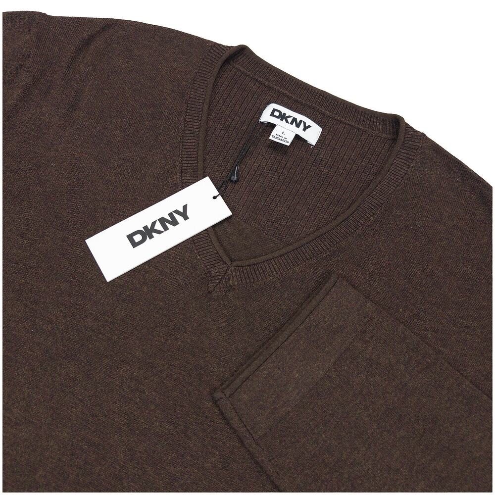 NWT DKNY V Neck Sweater Mens L Dark Brown Slim Fit Lightweight Business Casual